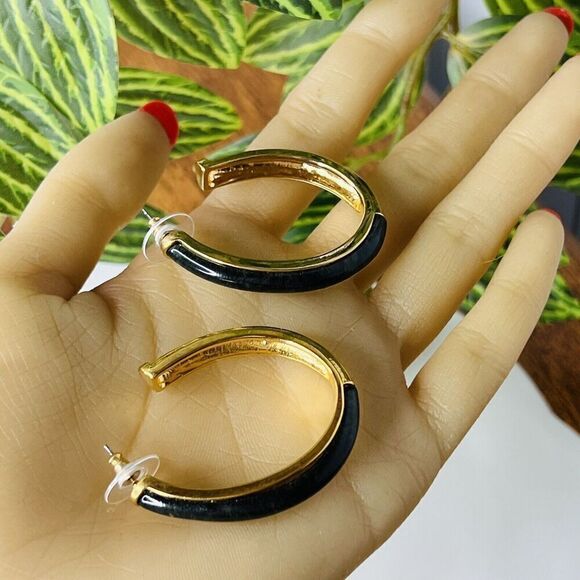 Kara Ross Black Label by Chico’s Ebony Resin Gold Tone Earrings Open Hoop NICE - Picture 8 of 10